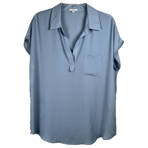 Pleione Sz XL Collared V-Neck Short Sleeve Chiffon Blouse Cornflower Blue - Picture 1 of 8